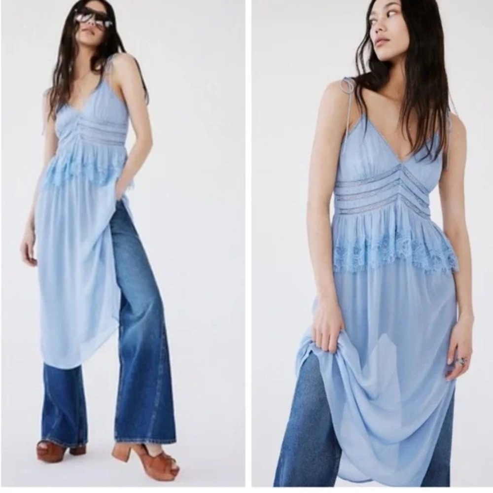 Free People Light Blue Lace-Trim Slip Dress